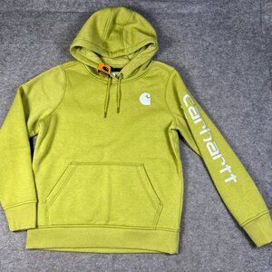 Carhartt Hoodie Womens Small Olive Green Relaxed Fit Midweight Spellout Workwear